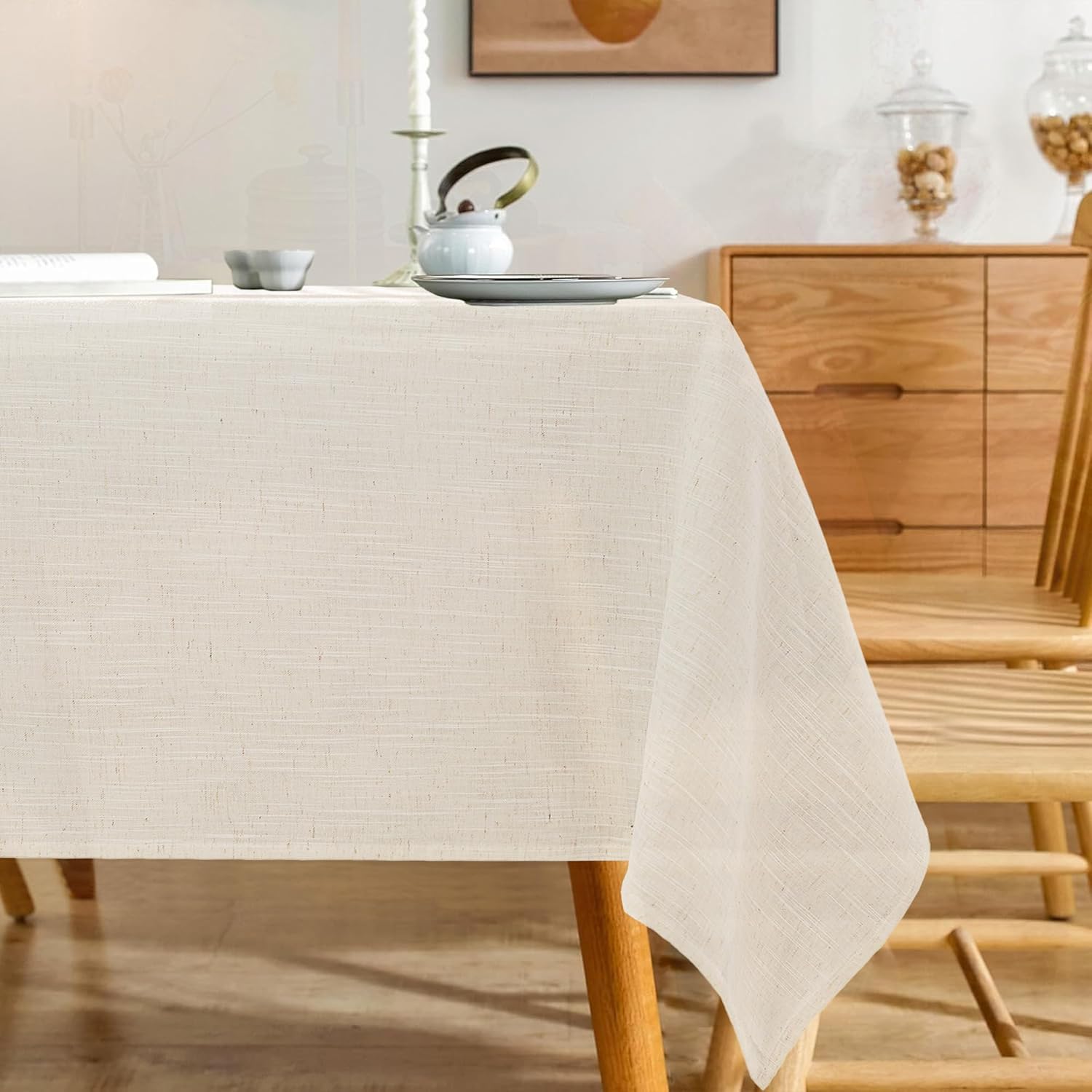 Natural Linen Textured Tablecloth Water Resistant