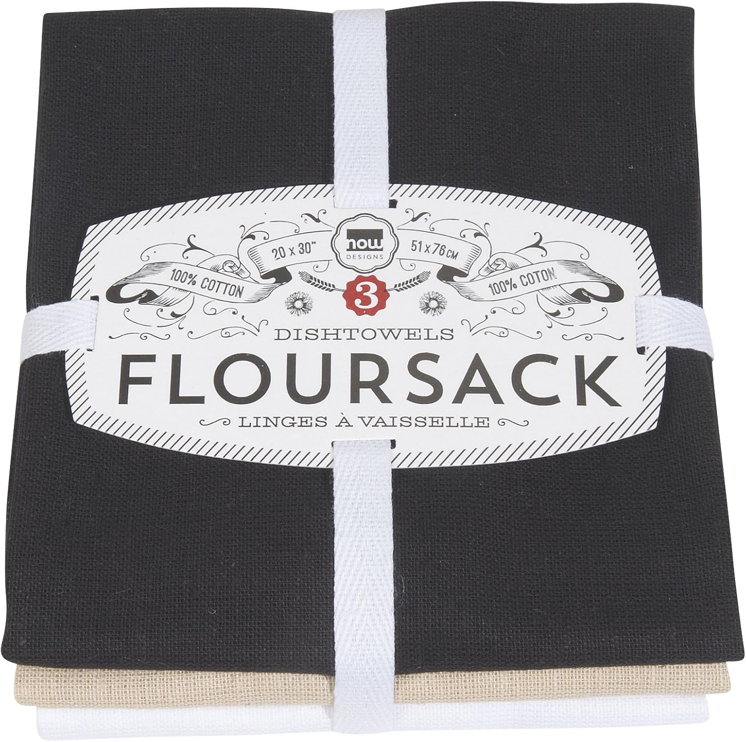 Now Designs Floursack Kitchen Towels Set of Three BlackOysterWhite