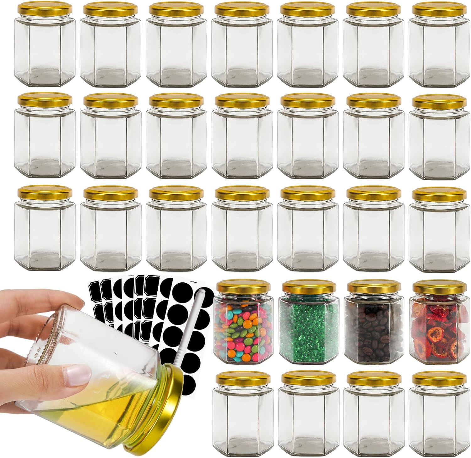 BIGIVACA 30 Pack 6 Oz Hexagon Glass Jars with Gold Lids