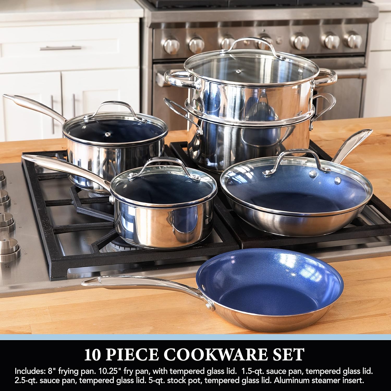 Stainless Steel Cookware Set Durable Nonstick with Tempered Glass Lids