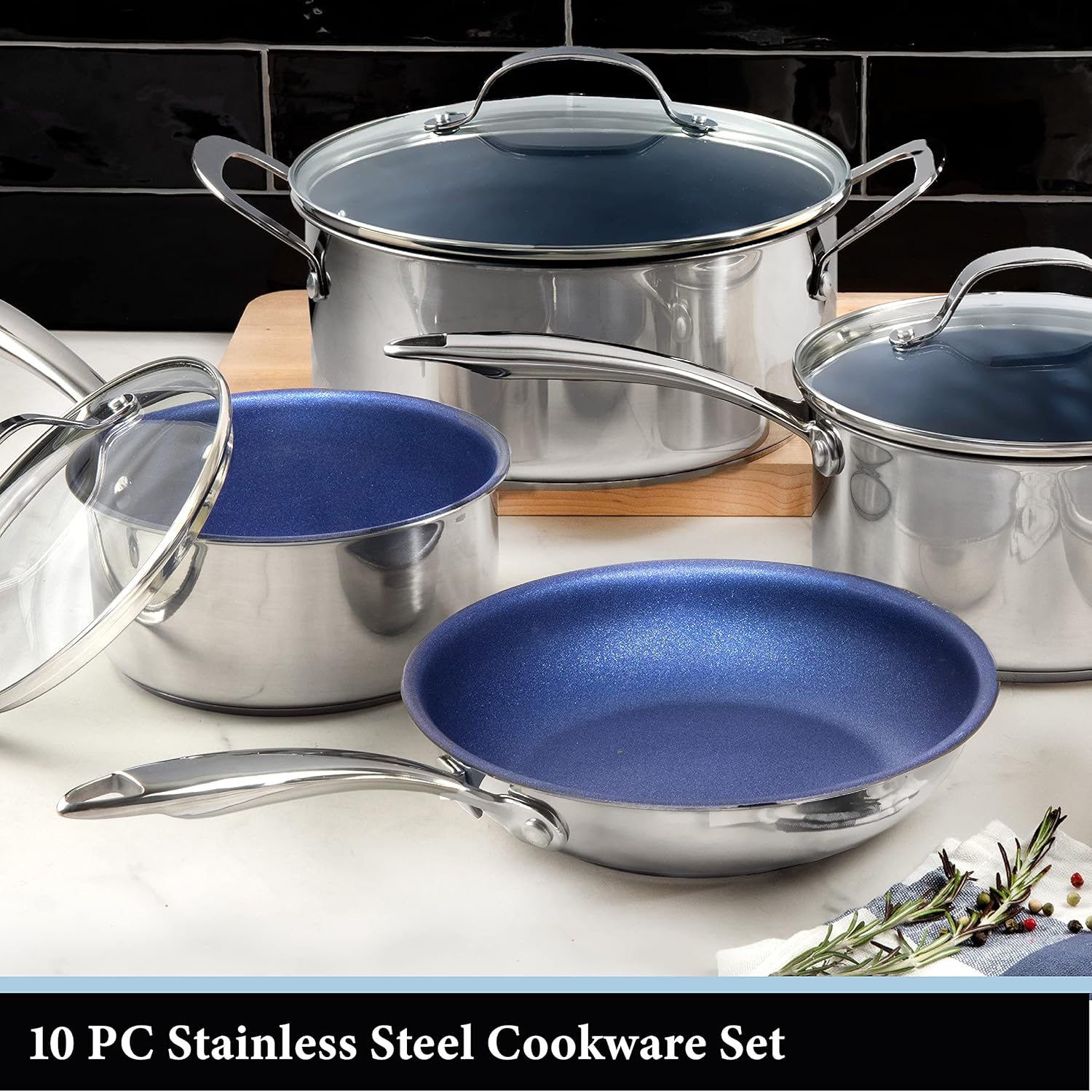 Stainless Steel Cookware Set Durable Nonstick with Tempered Glass Lids
