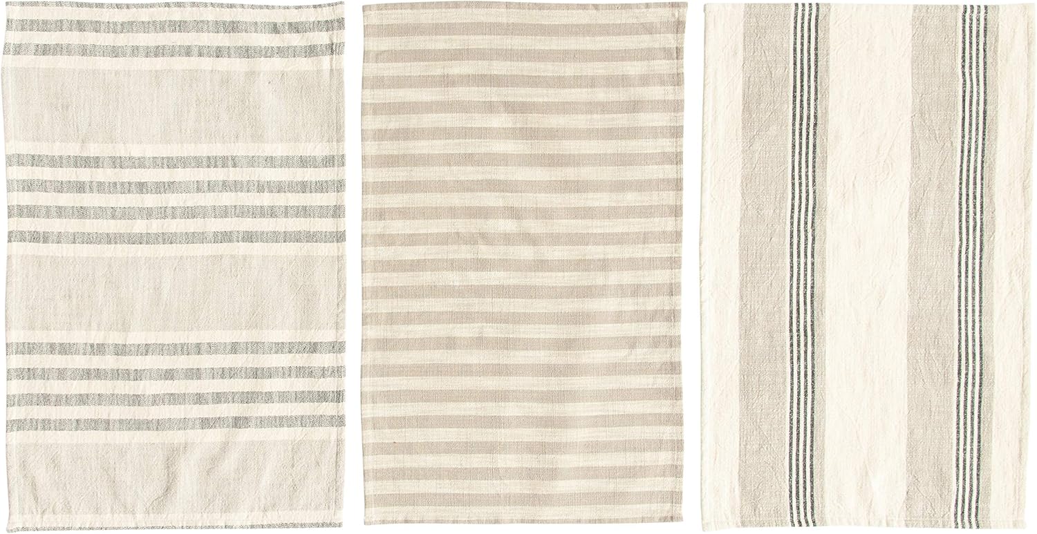 Creative Co-Op Striped Cotton Tea Towels Set of 3 Tan Grey