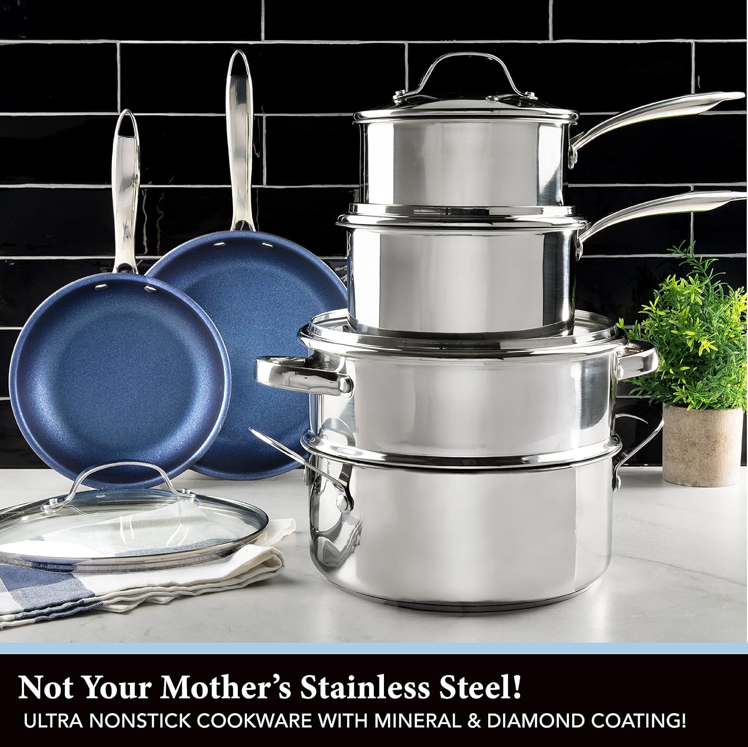 Stainless Steel Cookware Set Durable Nonstick with Tempered Glass Lids