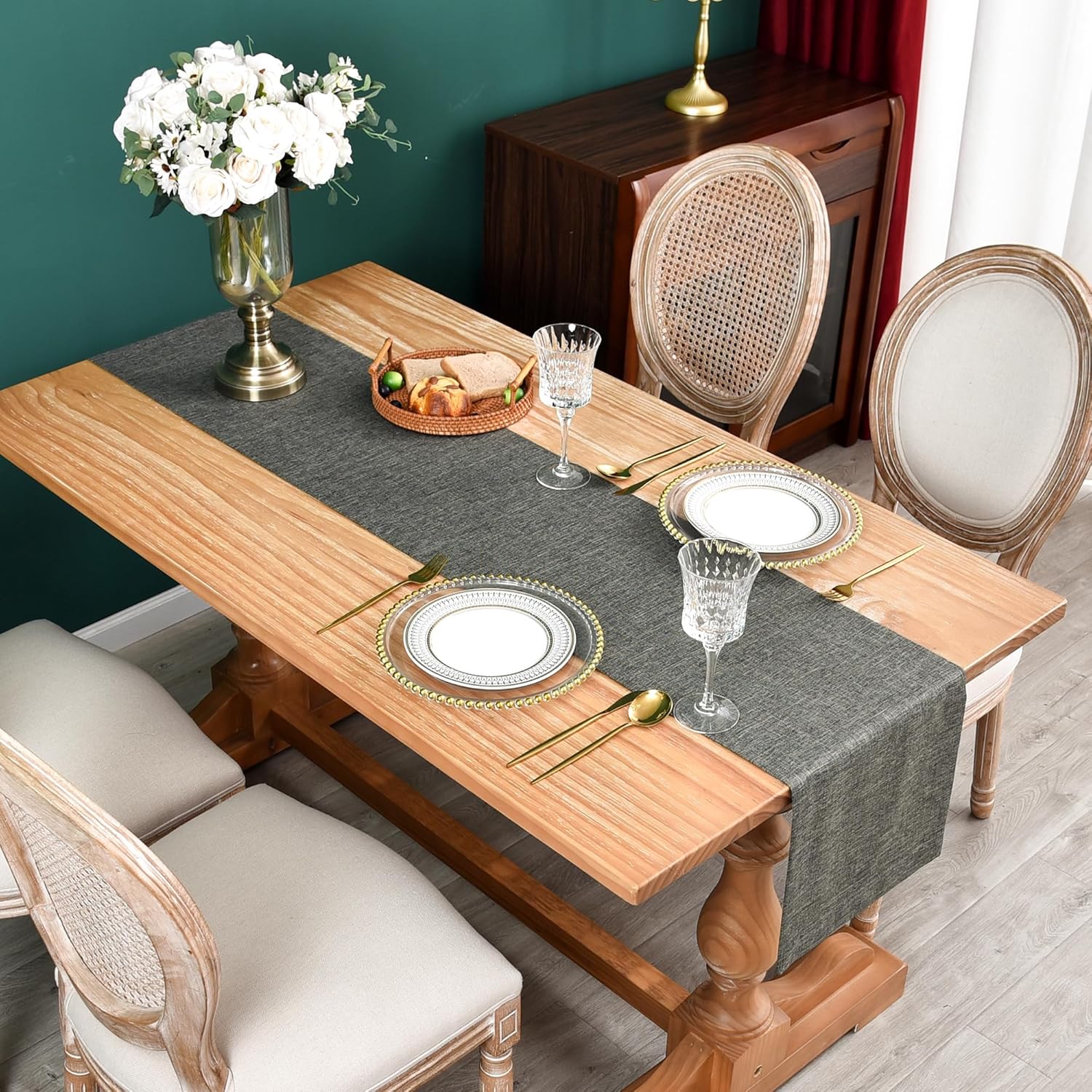 NEWISHER Farmhouse Rustic Table Runner 13x48-inch Dark Grey Faux Linen Table Runner