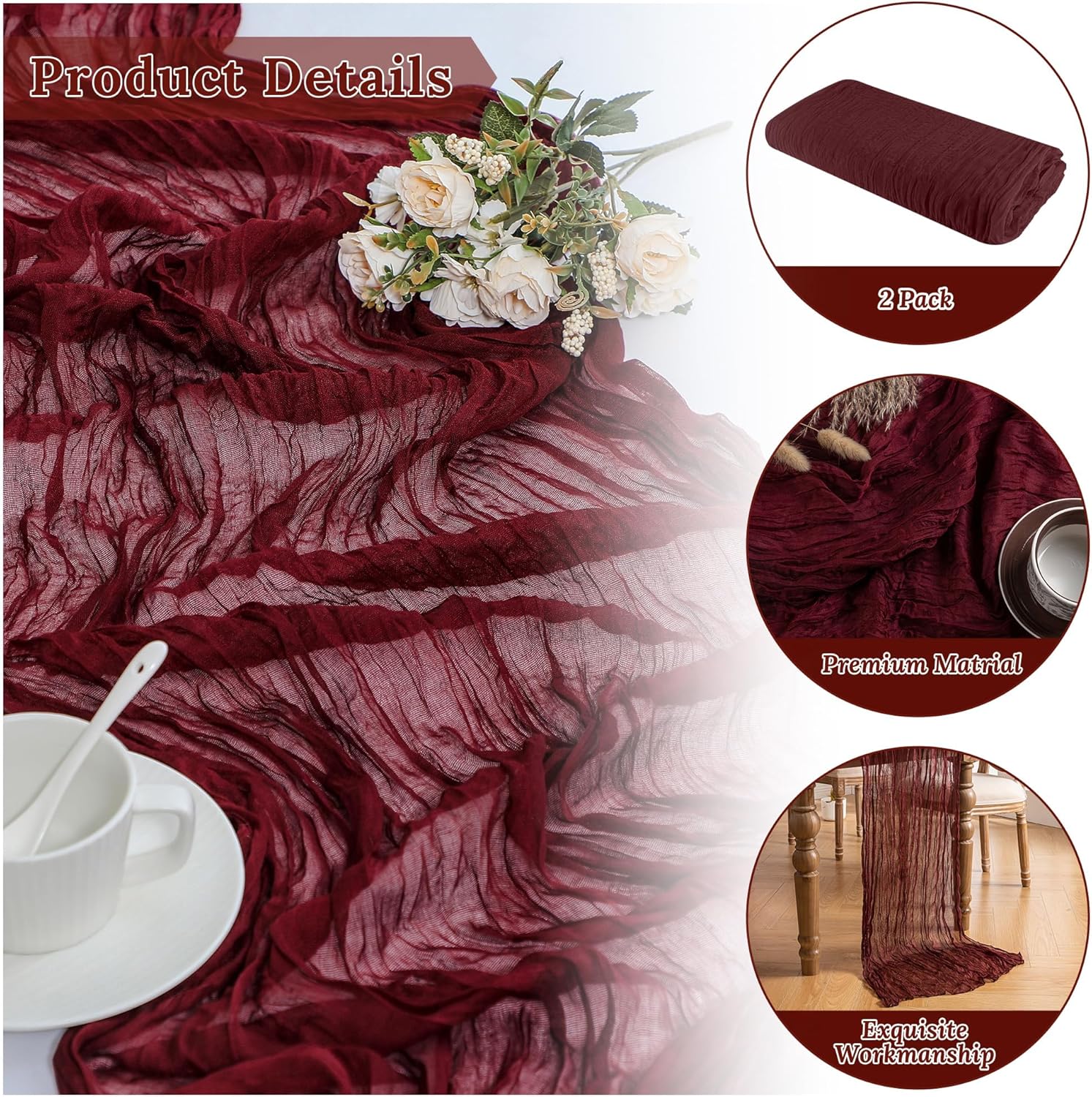 Elegant 2-Pack Burgundy Table Runner for Weddings and Parties