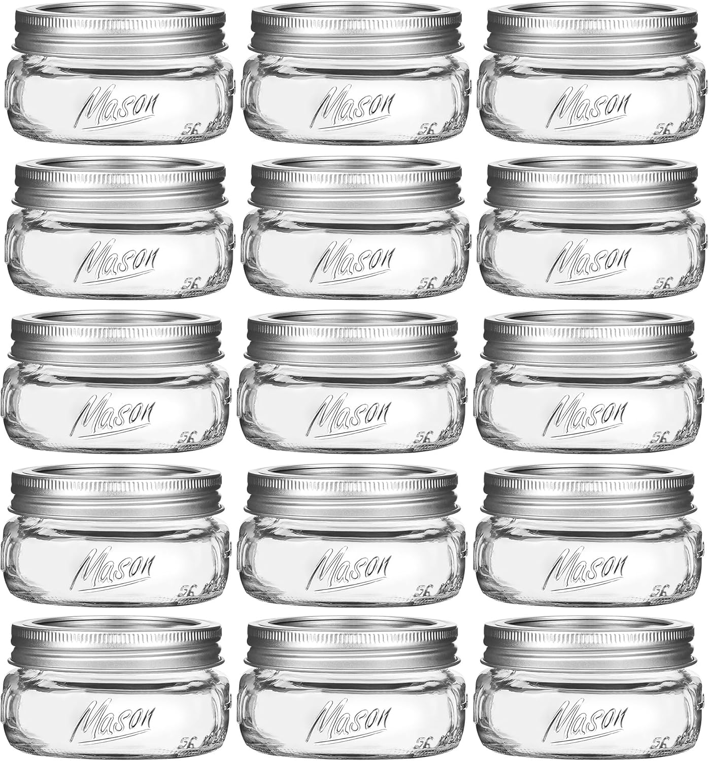 16 Pack 8 oz Wide Mouth Mason Jars with Silver Lids Bands