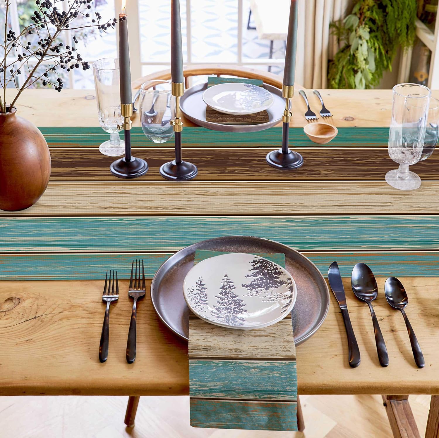 Vanderllin Table Runner Rustic Teal Turquoise 14x48 Barn-Textured Non-Slip Kitchen Use