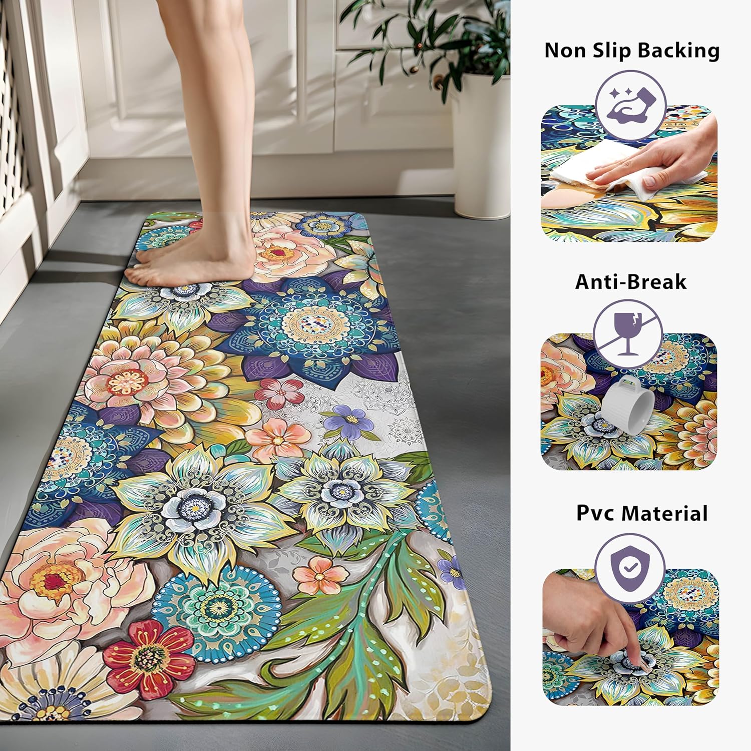 Boho Floral Kitchen Rugs