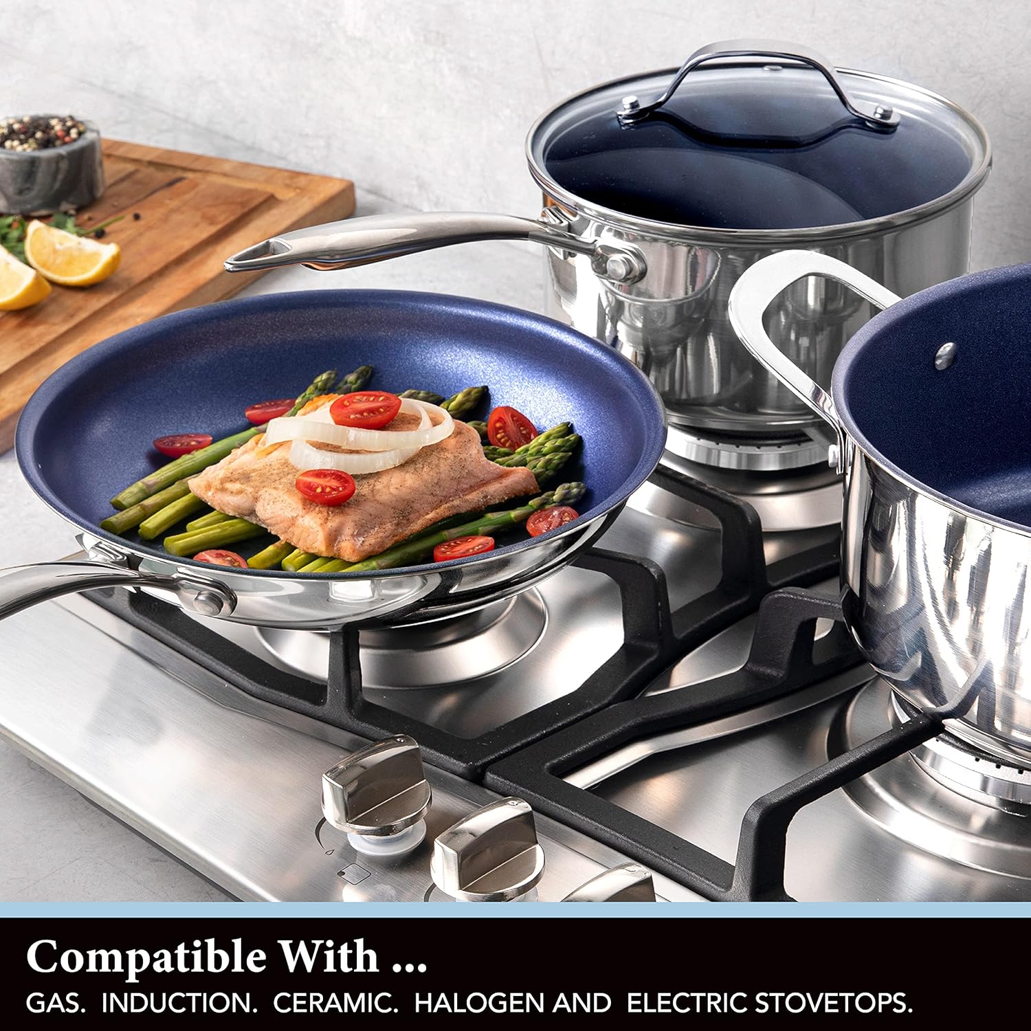 Stainless Steel Cookware Set Durable Nonstick with Tempered Glass Lids