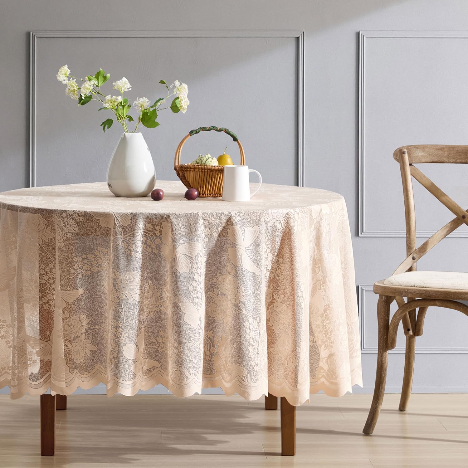 HLCME Butterfly Floral Lace Tablecloth 36 Round Linen Taupe