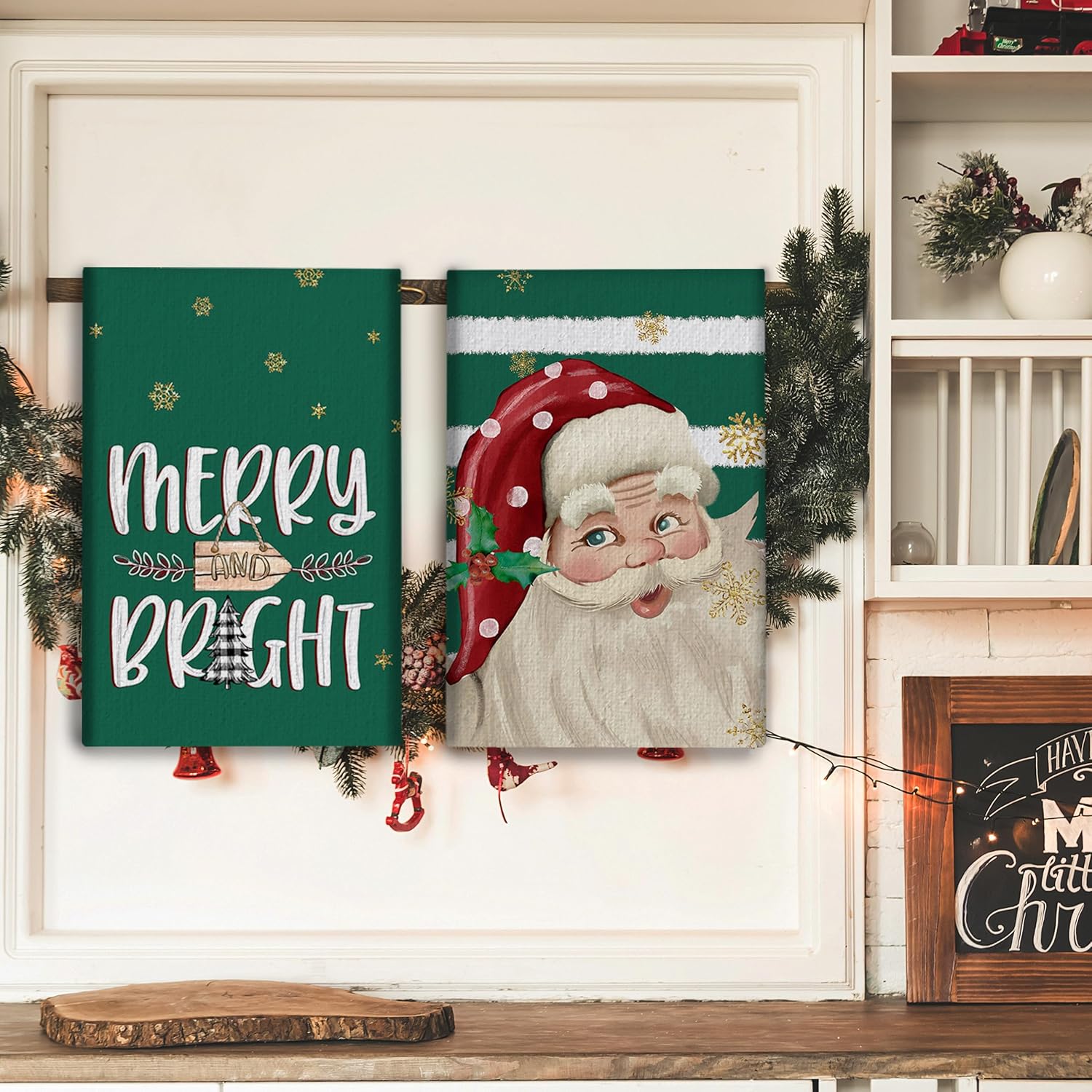 Nostalgic Christmas Kitchen Towels Set of 2 Green Xmas Dish Hand Towels