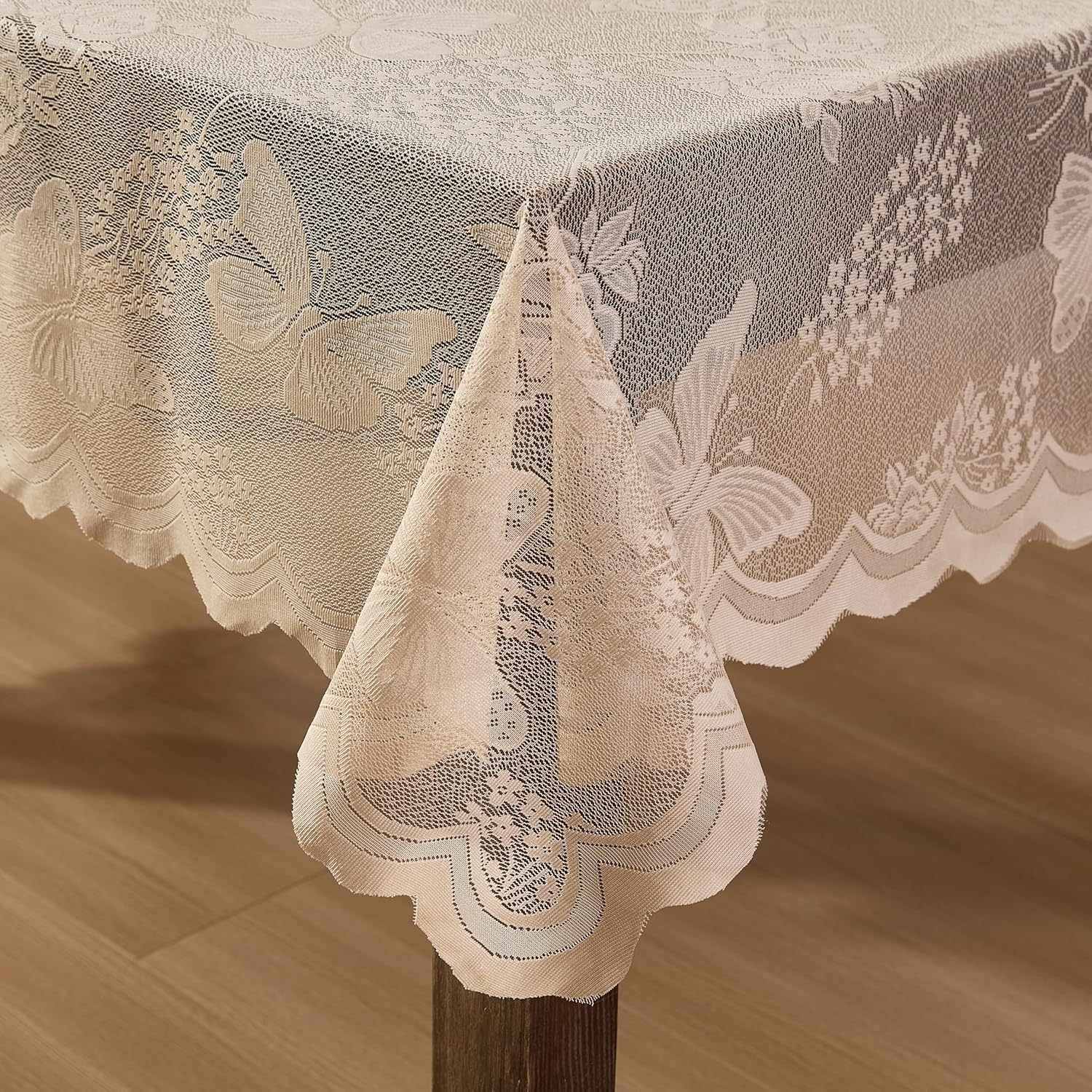 HLCME Butterfly Floral Lace Tablecloth 36 Round Linen Taupe