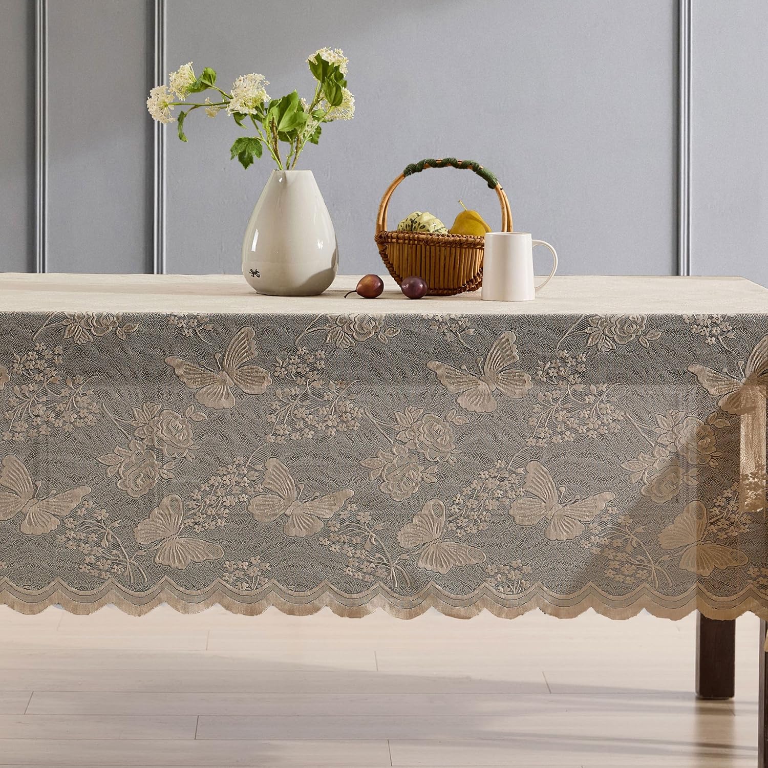 HLCME Butterfly Floral Lace Tablecloth 36 Round Linen Taupe
